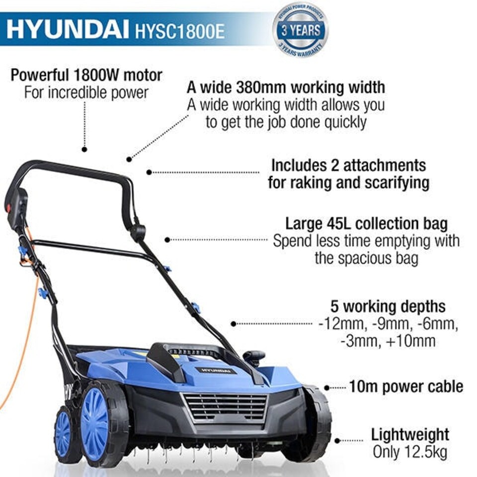 image 1 of Hyundai 1800W Electric Lawn Scarifier / Aerator / Lawn Rake, 230V | HYSC1800E
