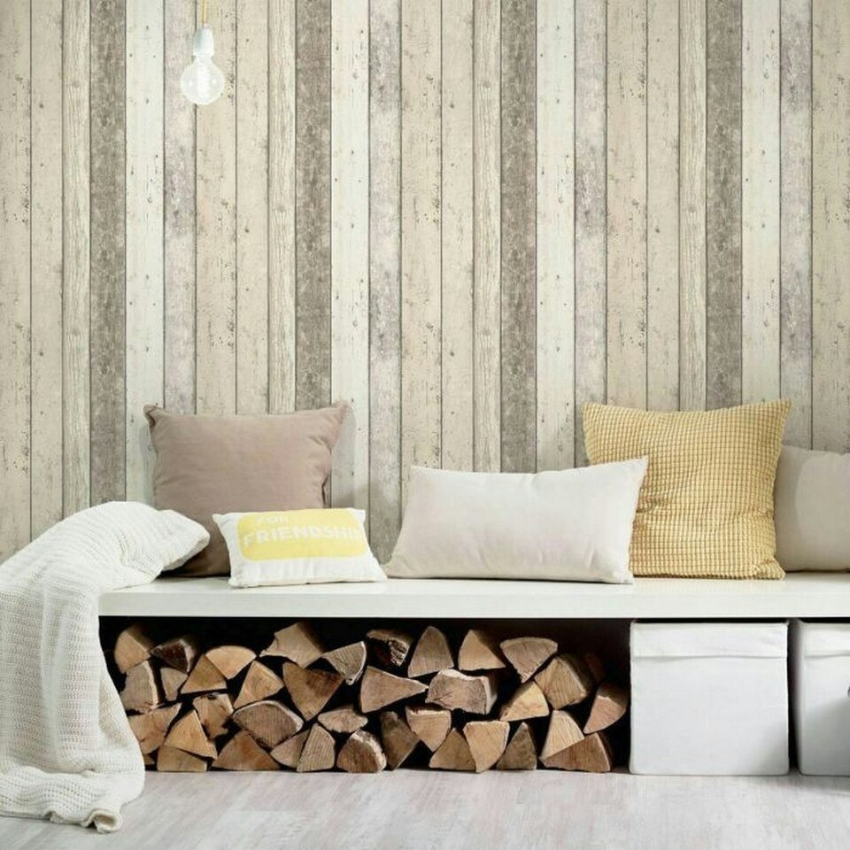 image 1 of AS Creation New England Wood Effect Textured Wallpaper - White/Natural - 10m x 53.5cm White