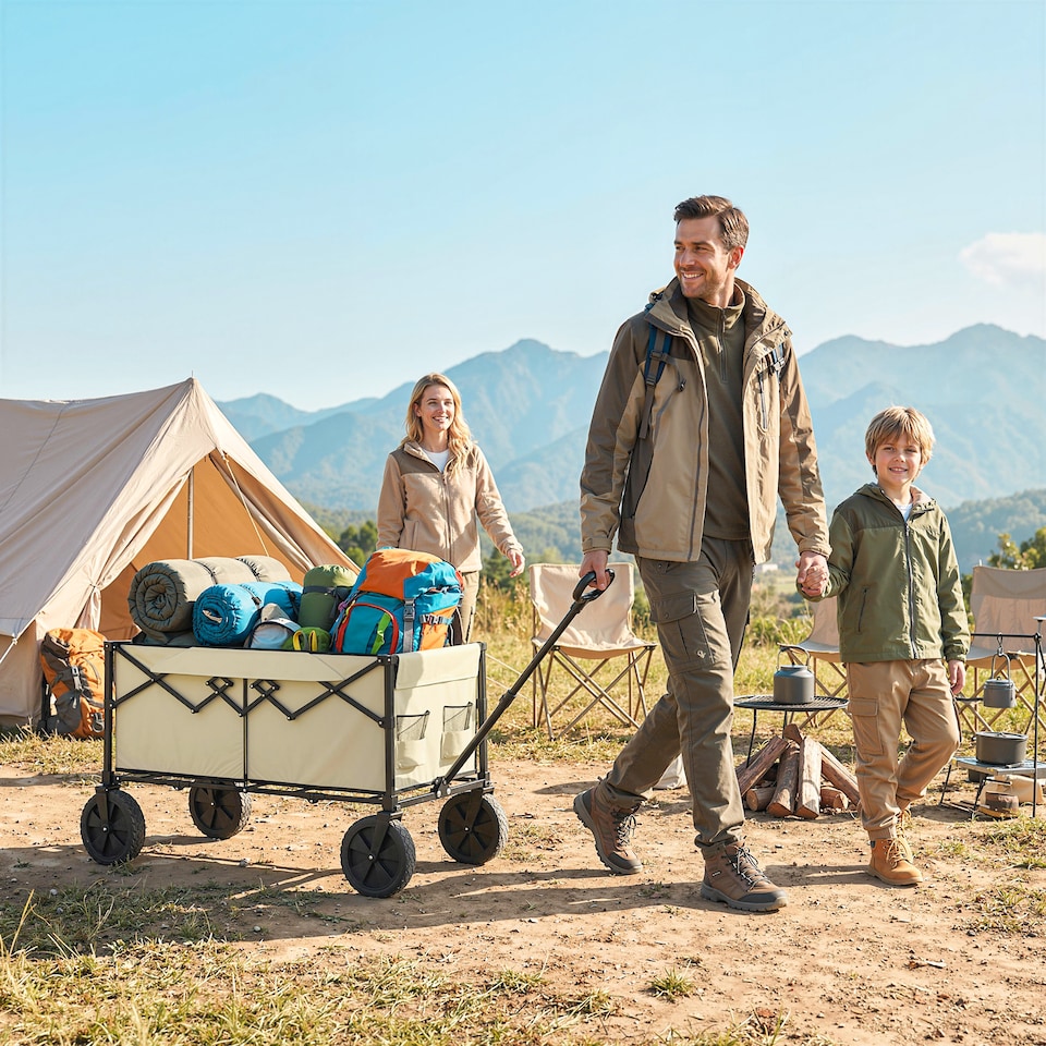 image 1 of Outsunny 95L Foldable Festival Trolley on Wheels | Brown | Black | 103L x 46.5W x 97H cm