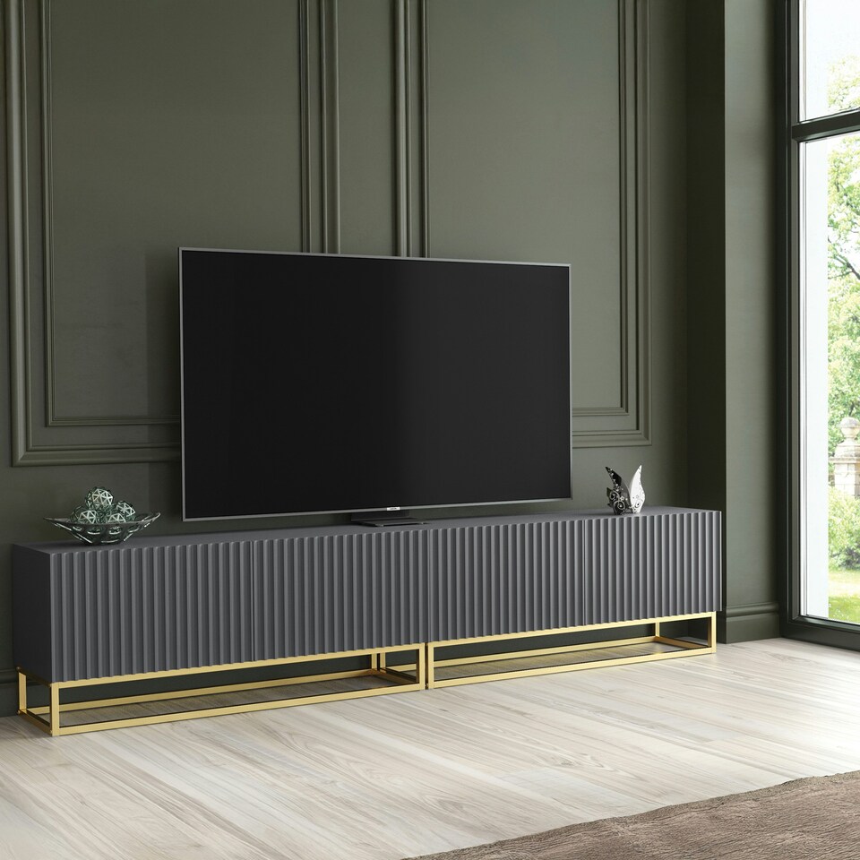 image 1 of Modular TV Unit 200cm Grey Matt with Fluted Fronts and Gold Base Grey