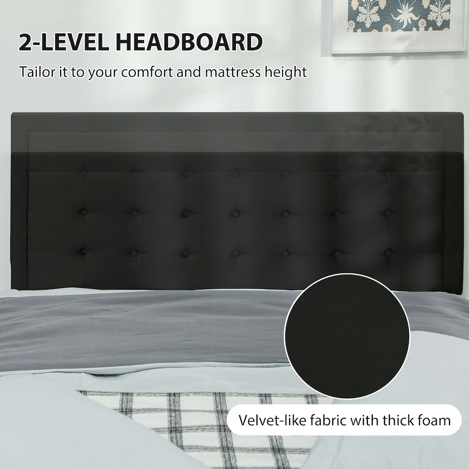 image 1 of HOMCOM Double Bed Frame with Storage and Adjustable Velvet Headboard, Black