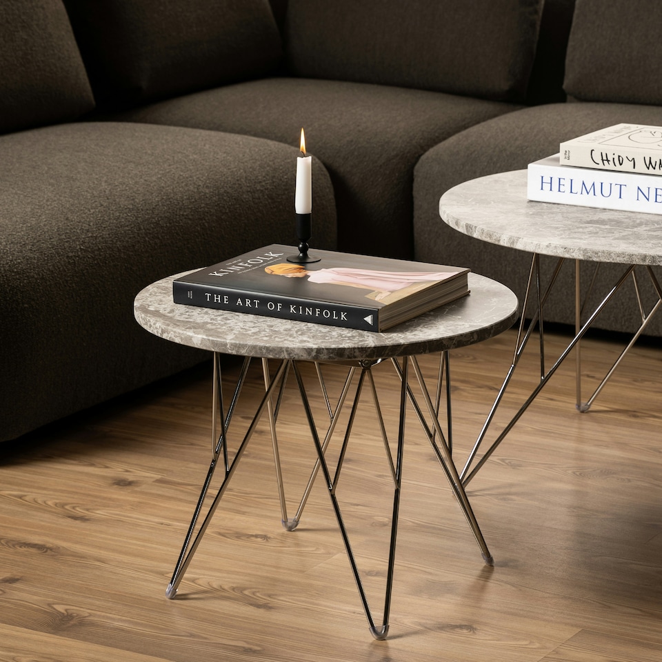 image 1 of Prunus Round Side Table with Grey-Brown Marble Top