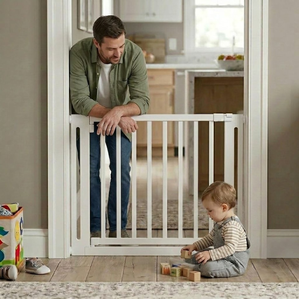 image 1 of Safetots Wooden Elegance Gate, White, 79cm - 87cm, Pressure Fit Safety Gate, 57cm Extra Wide Doorway, Easy Installation