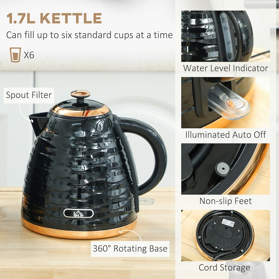 image 1 of HOMCOM Kettle and Toaster Set 1.7L Rapid Boil Kettle & 2 Slice Toaster Black