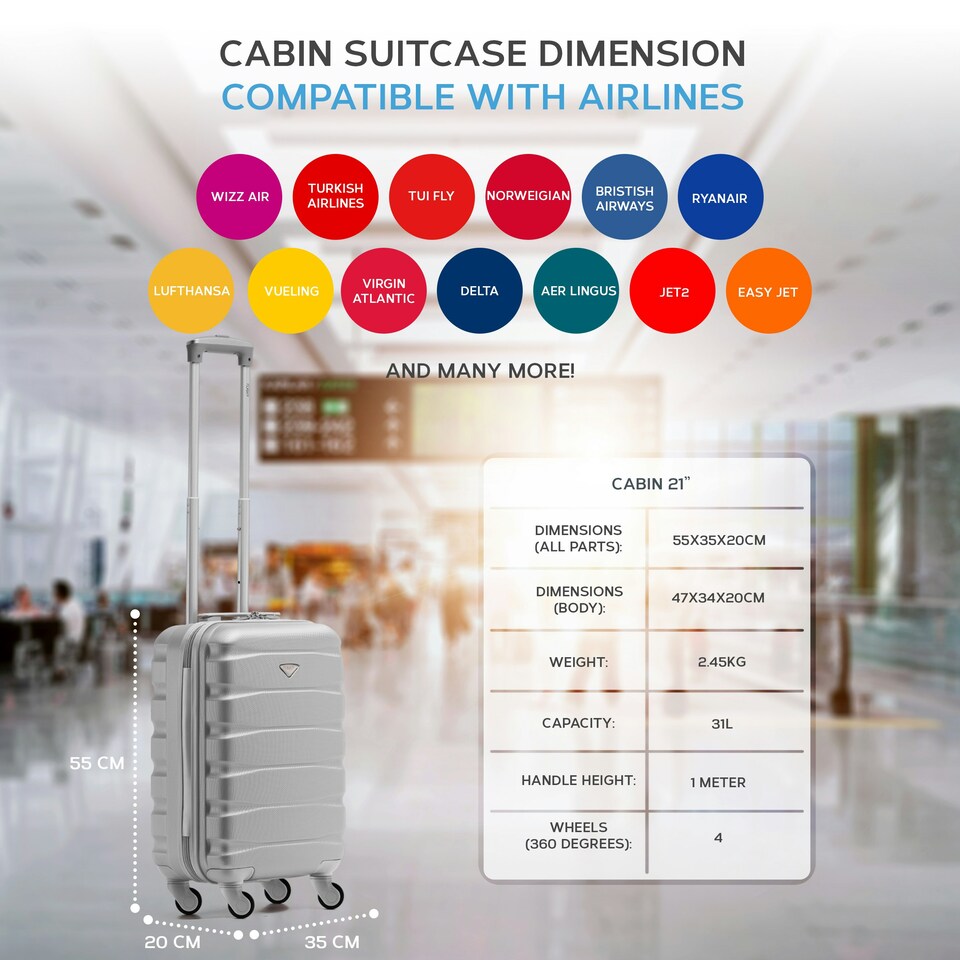 image 1 of Flight Knight Cabin Suitcase 55x35x20cm, Lightweight Carry On Bag - Over 100 Airlines- Ryanair, EasyJet, British Airways - Hand Luggage, ABS Hard Shell TSA Lock Silver | Silver | Cabin Bag