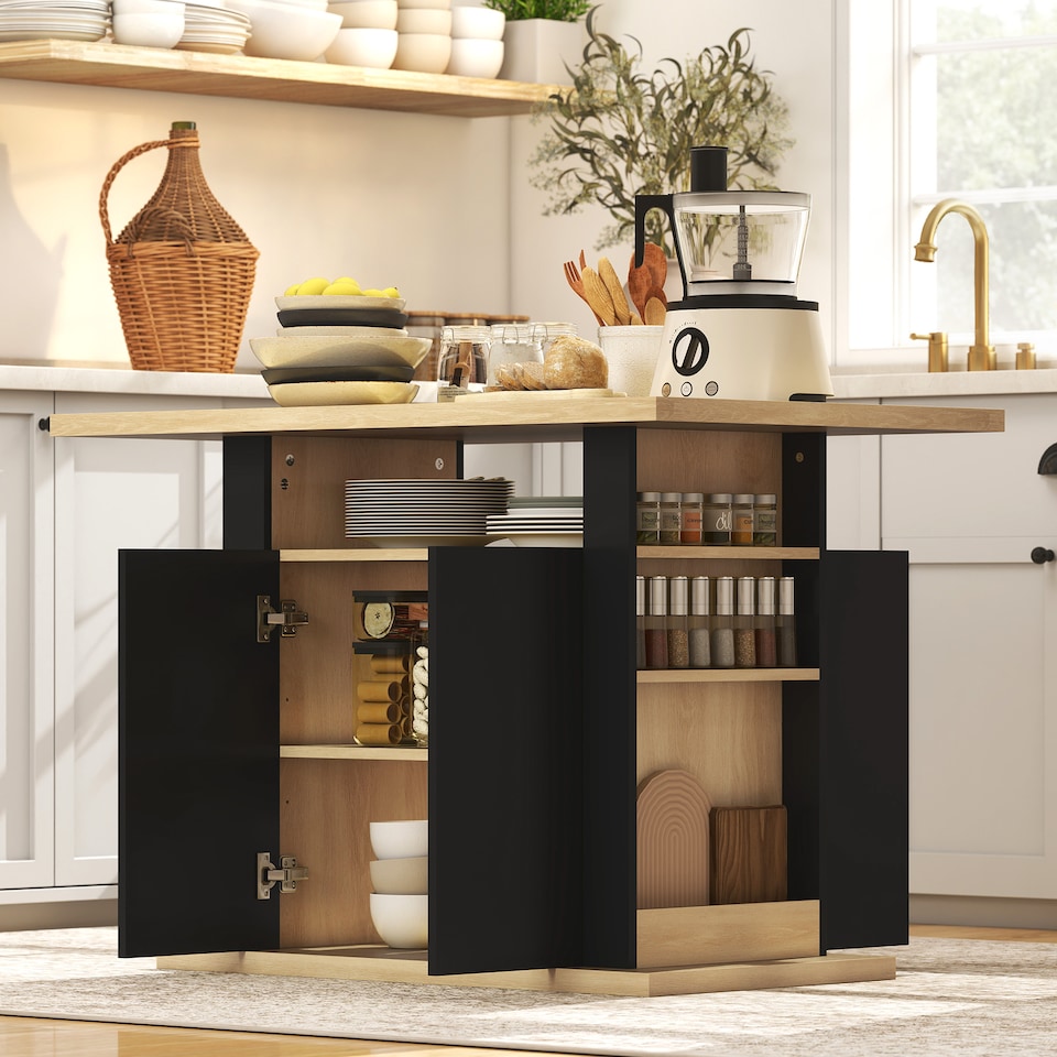 image 1 of HOMCOM Kitchen Island with Storage Cabinet and Spice Rack, Black & Natural
