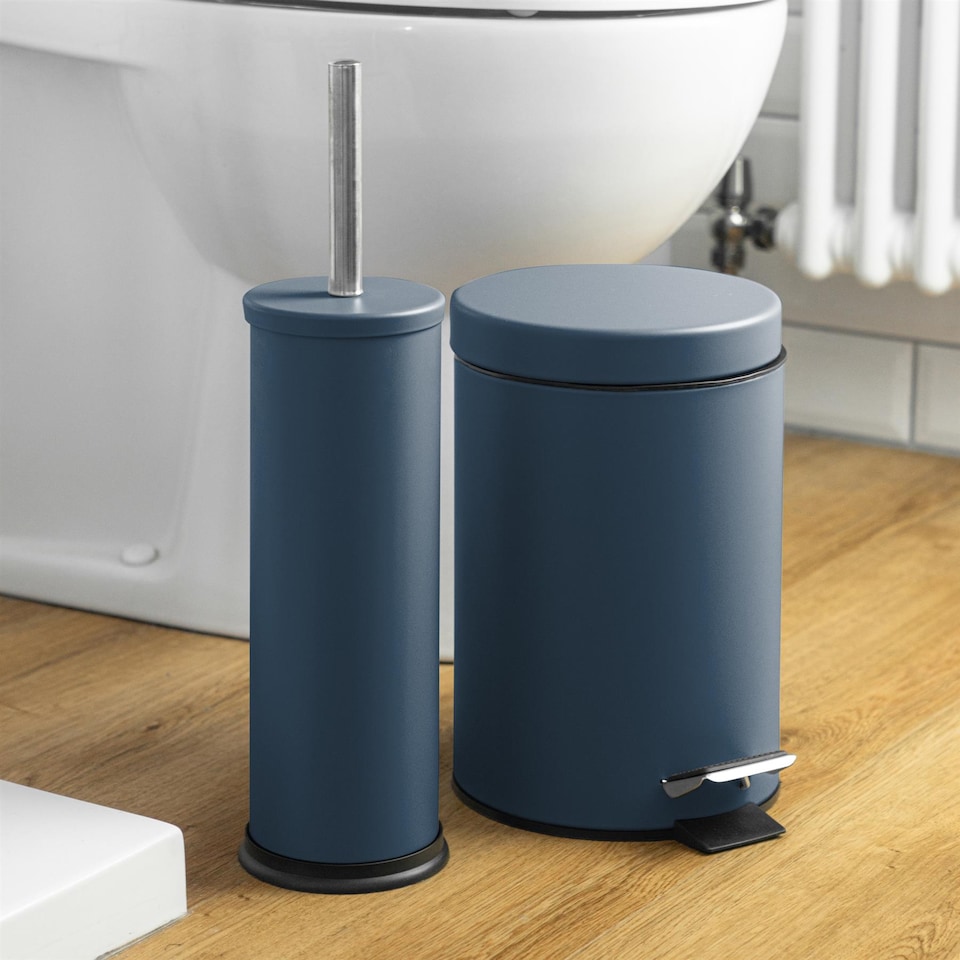 image 1 of Harbour Housewares Bathroom Bin & Toilet Brush Set - 3L - Matt Blue - Round Stainless Steel Slim Trashcan Rubbish Bin & Brush