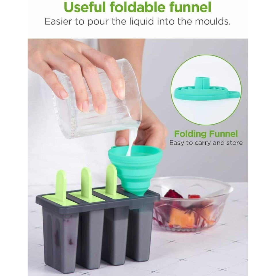 image 1 of Grey & Green Ice Lolly Moulds Set | 8 Popsicle Maker Moulds with Stands, Funnel & Cleaning Brush | Reusable Freezer Ice Pop Makers