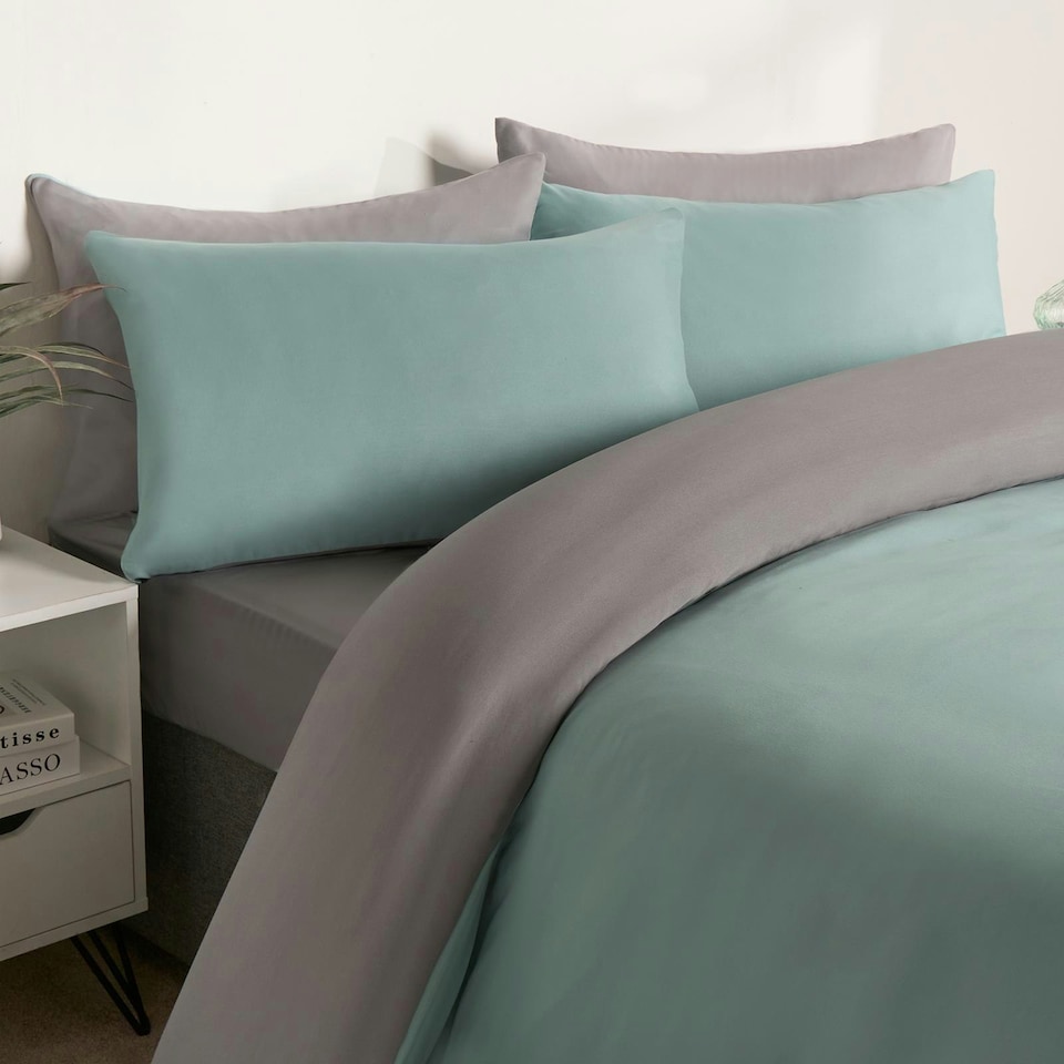 image 1 of OHS Reversible Microfibre Duvet Cover and Pillowcase Bedding Set, King - Duck Egg/Grey