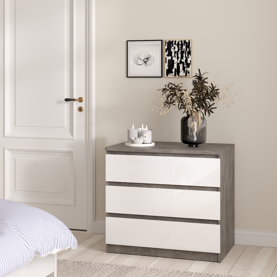image 1 of Naia Chest of 3 Drawers in Concrete and White High Gloss
