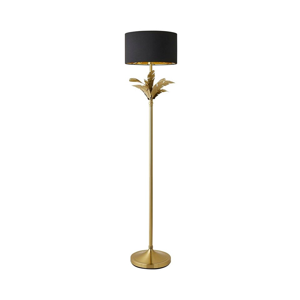 image 1 of ValueLights Christina Black with Metallic Gold Drum Shade Gold Palm Leaf Floor Lamp and Bulb Gold