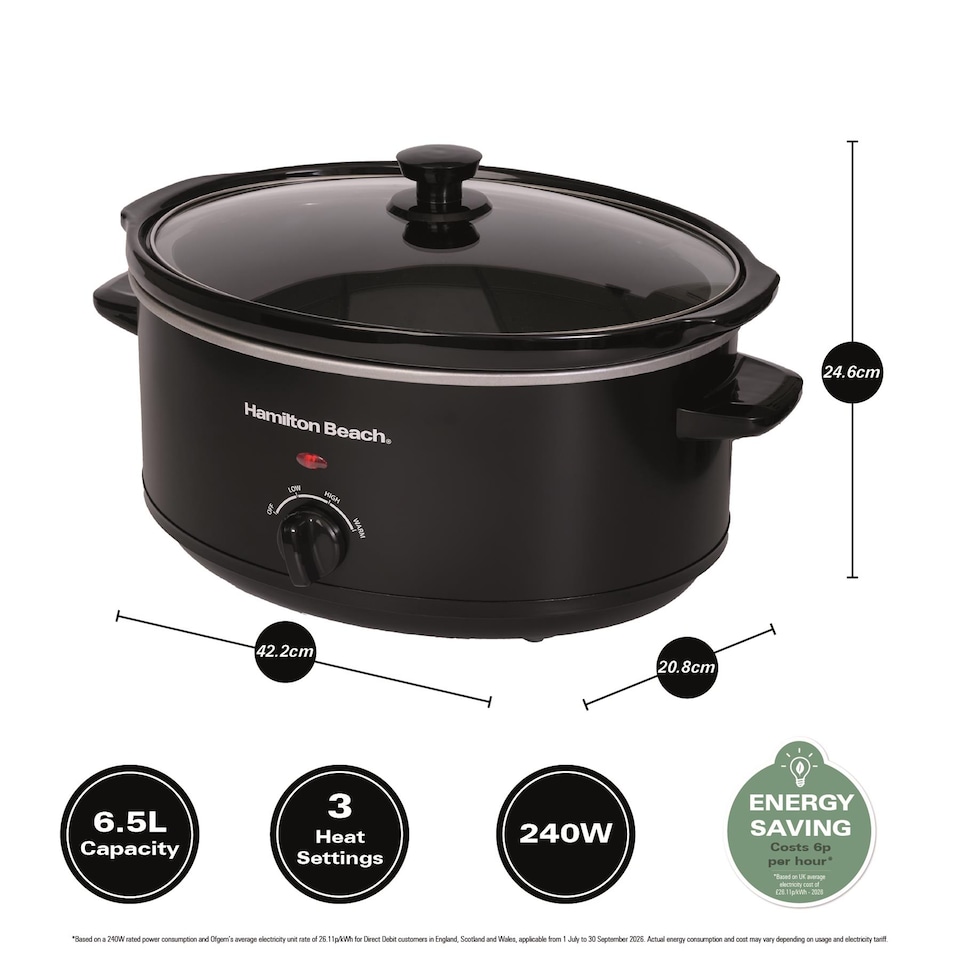 image 1 of Hamilton Beach Slow Cooker, 6.5 Litres, Family Favourite, 240W, Energy-Efficient, Removable Oven-Safe Ceramic Bowl, 3 Heat Settings, Serves 6-8 People, Easy Clean, Black - HBSC070B