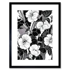 Viola Flowers Spring Black White Floral Design 9x7" Black Framed Wall Art Print