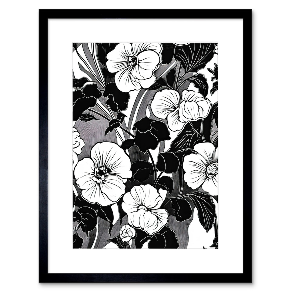 image 1 of Viola Flowers Spring Black White Floral Design 9x7" Black Framed Wall Art Print