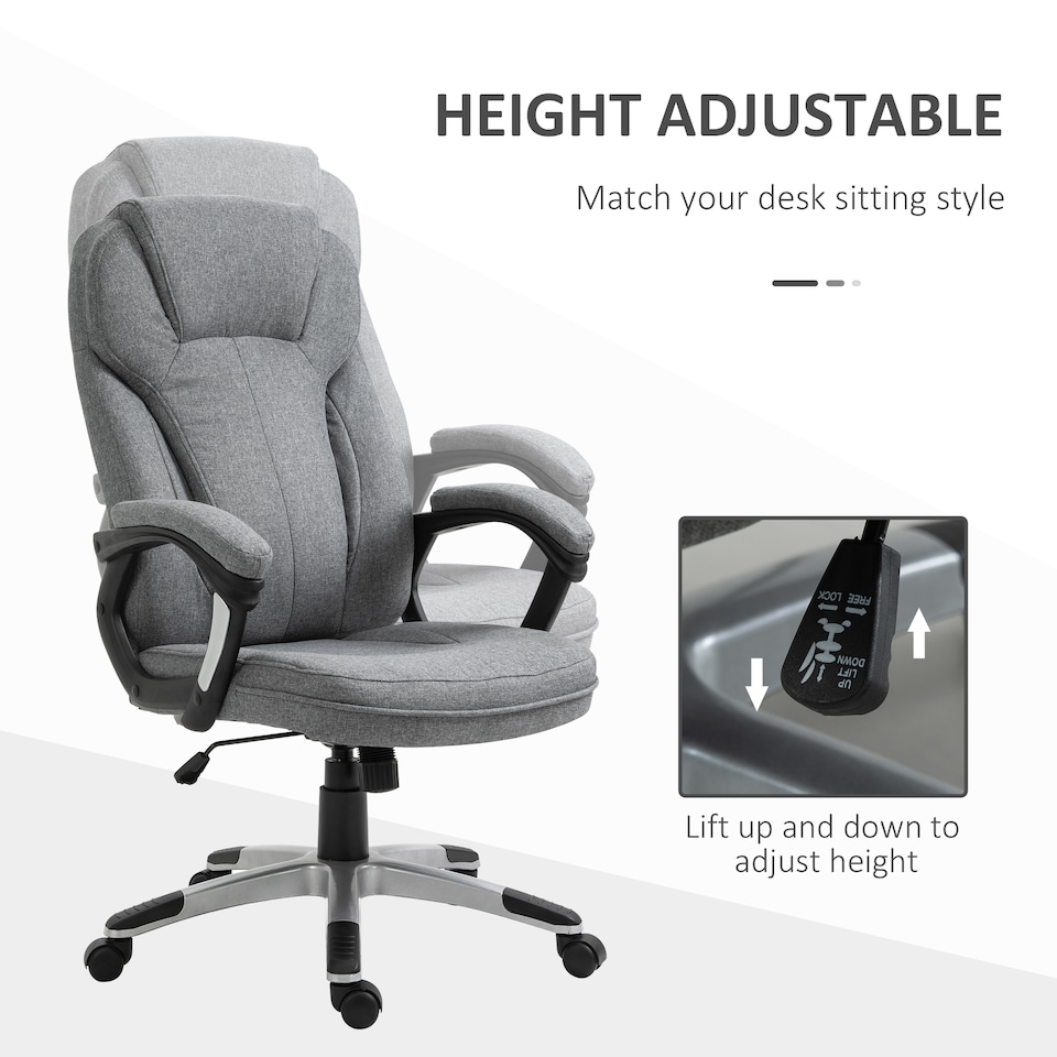 image 1 of Vinsetto Office Chair, Linen Fabric Desk Chair, Height Adjustable Computer Chair with Padded Armrests, Swivel Wheels and Tilt Function, Grey