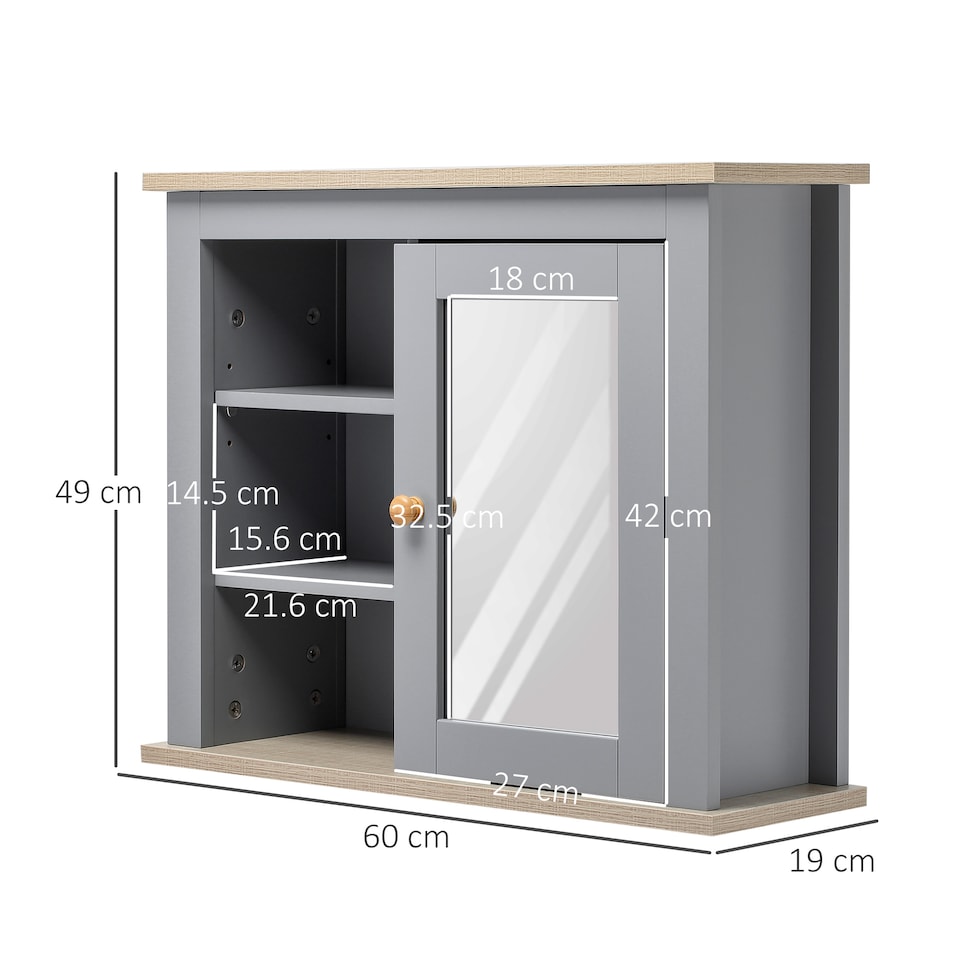 image 1 of kleankin Bathroom Wall Mirror Cabinet, Cupboard with Door, Storage Cabinet with Adjustable Shelf for Corridors Living Rooms, Grey