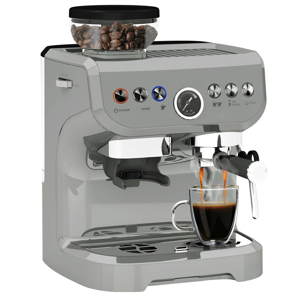 image 1 of HOMCOM Espresso Machine, Bean Grinder & Steam Wand, 15 Bar Pressure, Silver.