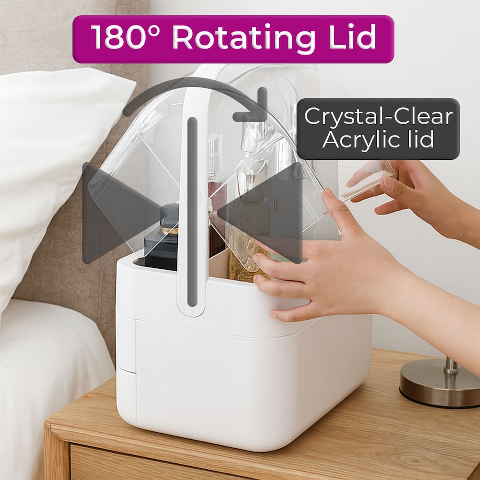 image 1 of Neo Acrylic Makeup Organiser with Lid & Drawers Portable Dustproof Cosmetic Storage Box | White | White | 26.5 x 18.2 x 34.7cm | 1