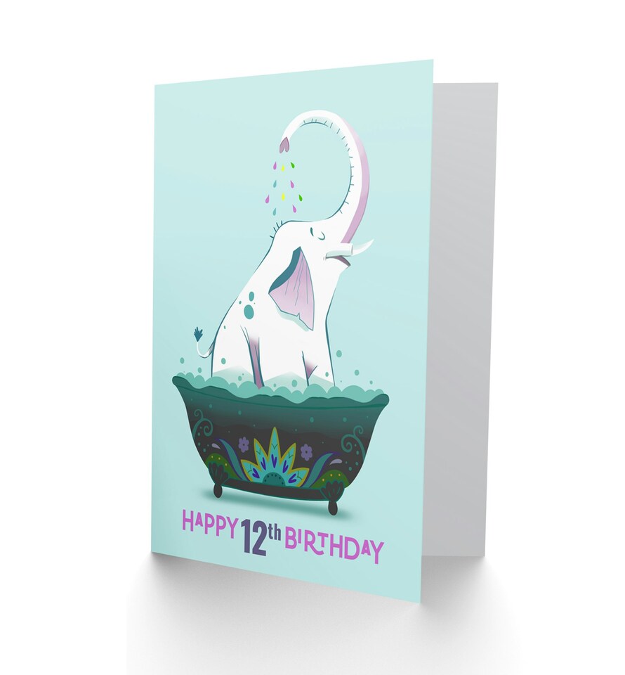 image 1 of Elephant Bath Tub Age 12 Year Old Child Kids 12th Birthday Card
