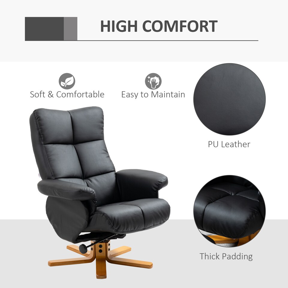 image 1 of HOMCOM PU Leather Swivel Recliner Chair with Footstool, Wooden Base and Storage for Living Room, Black