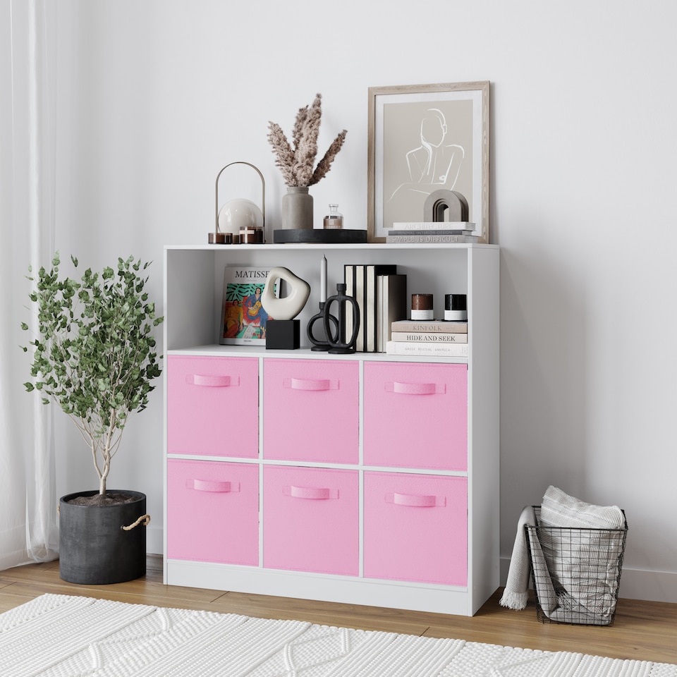 image 1 of Wide 7-Cube Bookcase With Drawers | White | White & Light Pink | 1