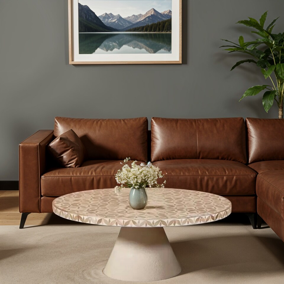 image 1 of Inlay Acacia Wood Floral Low Coffee Table Brown