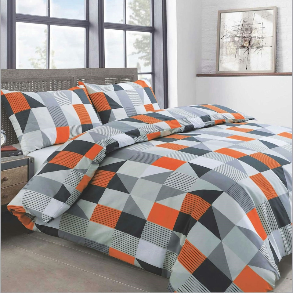 image 1 of Velosso Jazz Printed Cotton Blend Duvet Cover and Pillowcase Set | Orange | King