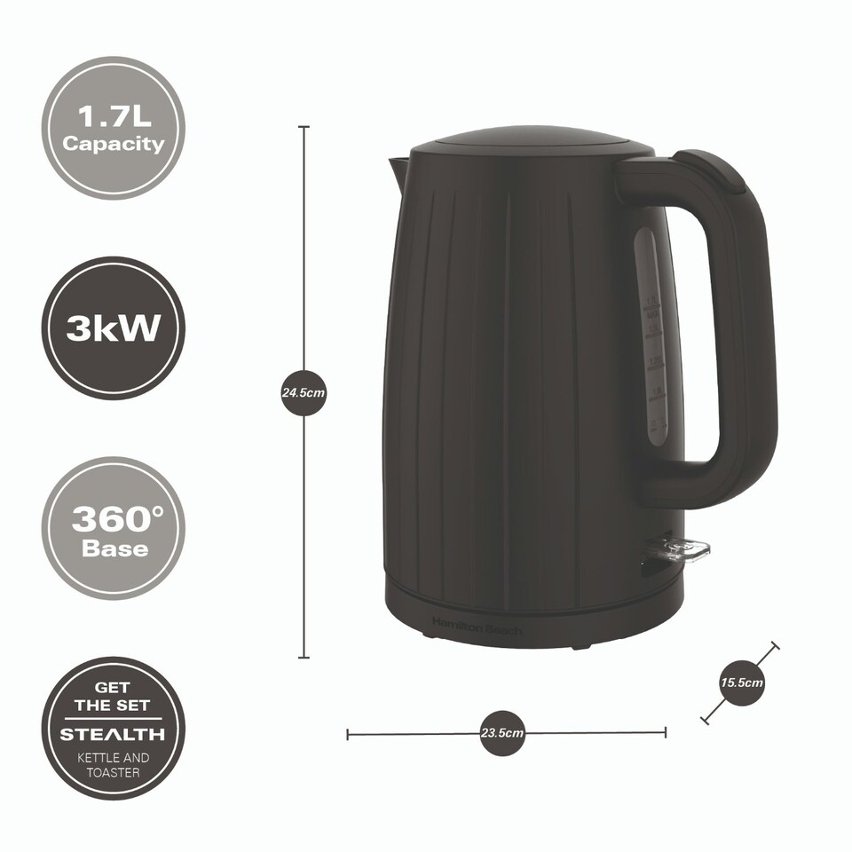 image 1 of Hamilton Beach Kettle & Toaster Set, Stealth, 1.7L Kettle & 2 Slot Toaster - Black