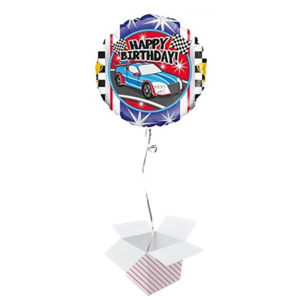 Sports Car Birthday Round Foil Helium Balloon - Inflated Balloon in a Box