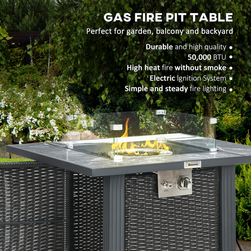 image 1 of Outsunny Outdoor PE Rattan Gas Fire Pit Table, Patio Square Propane Heater with Marble Desktop, Rain Cover, Glass Windscreen, and Glass Stones, 50,000 BTU, Black