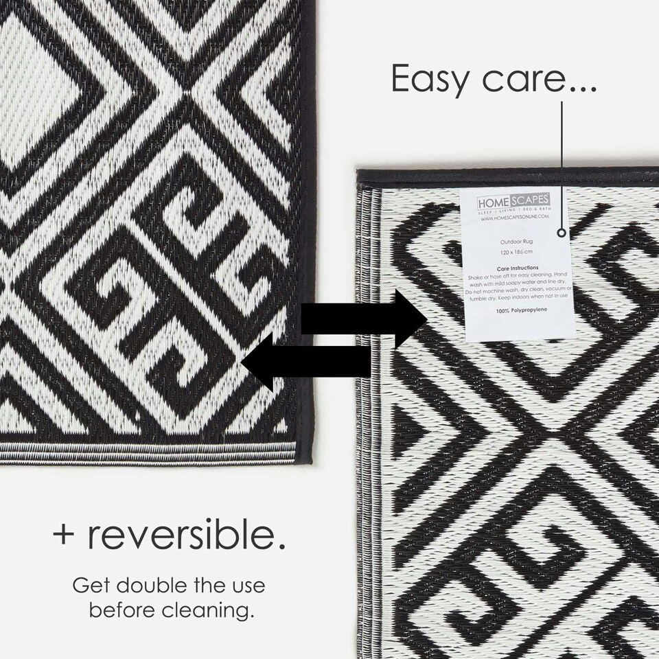 image 1 of Homescapes Outdoor Rug Luxury Waterproof Reversible, For Garden, Geometric Black | 120 x 186 cm
