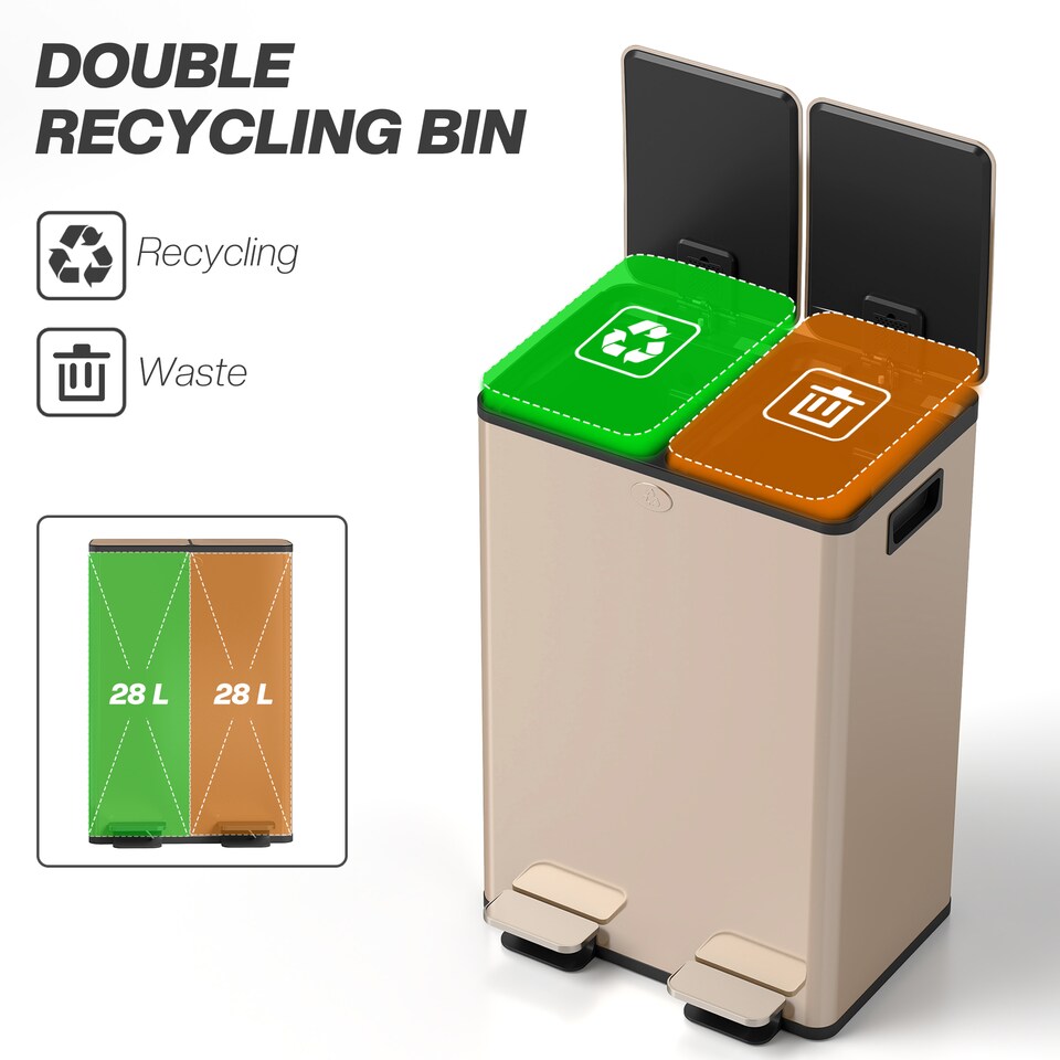 image 1 of HOMCOM Dual Kitchen Bin, 2 x 28L Stainless Steel Double Rubbish Bin with Soft Close Lid, Removable Inner Buckets, Fingerprint-Proof for Recycling and Waste, Gold Tone | Gold | 28L