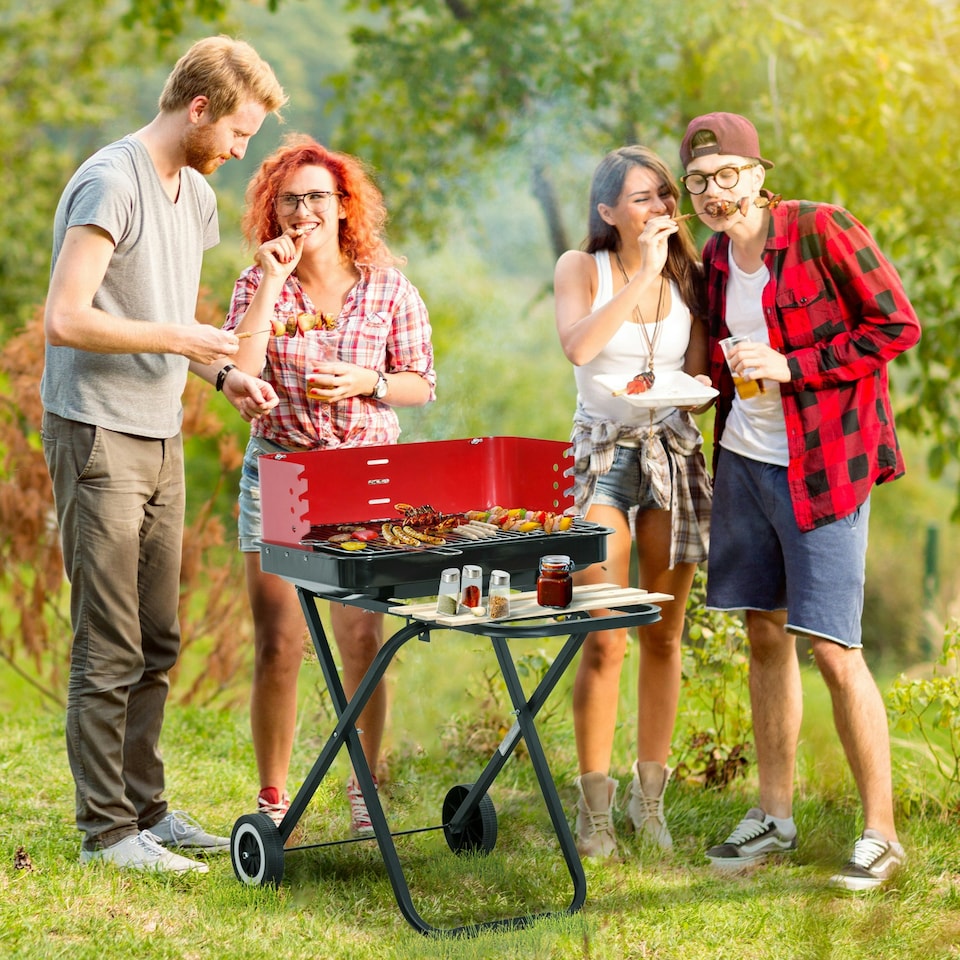 image 1 of Outsunny Foldable Charcoal Trolley Barbecue BBQ Grill Cooker Smoker W/ Wheels