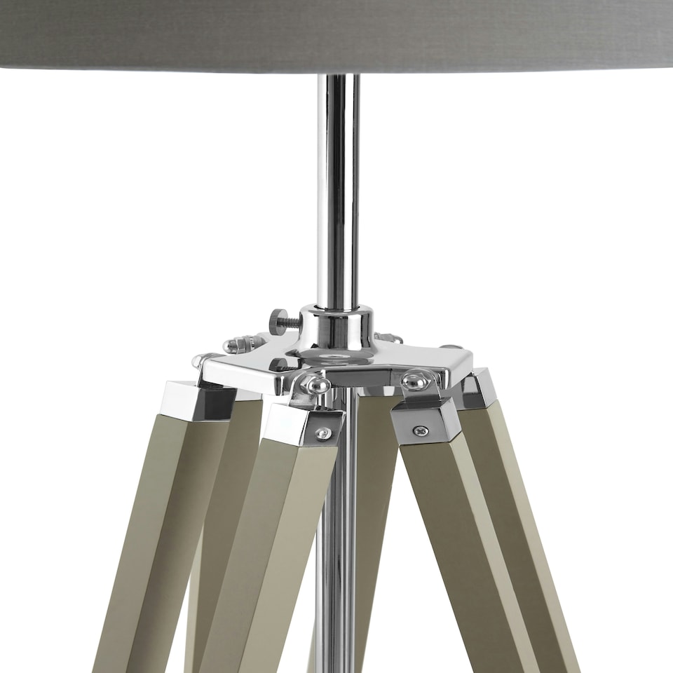 image 1 of Interiors by Premier Adjustable Floor Lamp with Chrome Accents, Natural Grey Wooden Tripod Legs, Contemporary Fabric Shade