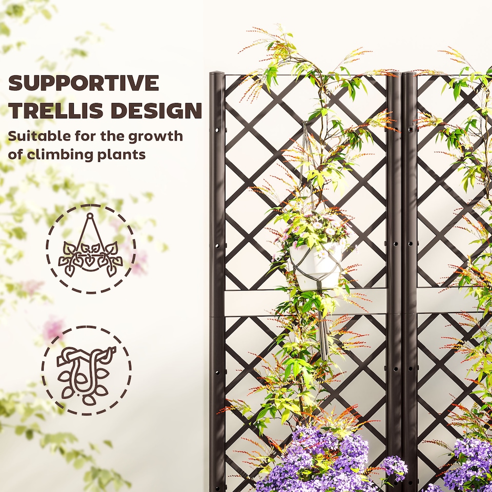 image 1 of Outsunny Raised Garden Bed with Trellis, Plastic Planter Box with Drainage Holes, Drain Plugs and Water Reservoirs for Climbing Plants, Vegetables, Flowers | Brown