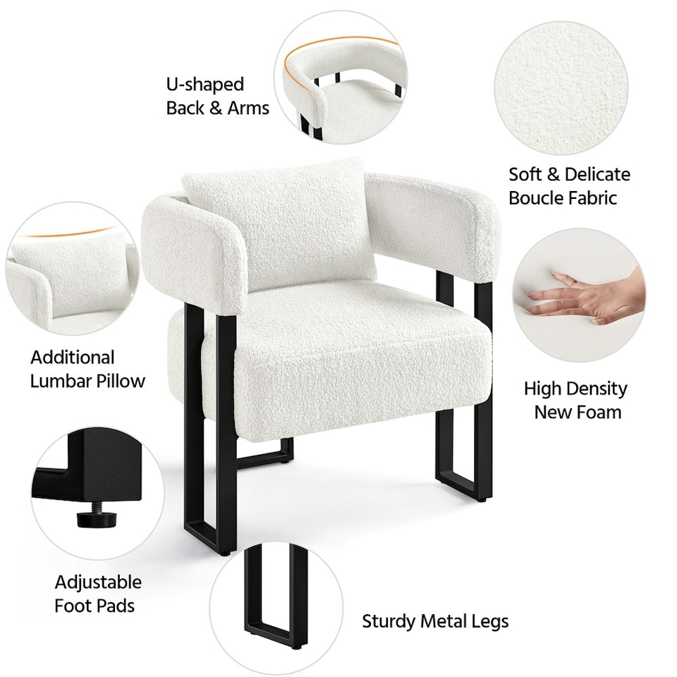 image 1 of Yaheetech Boucle Barrel Accent Chair with Metal Legs Lumbar Pillow | White
