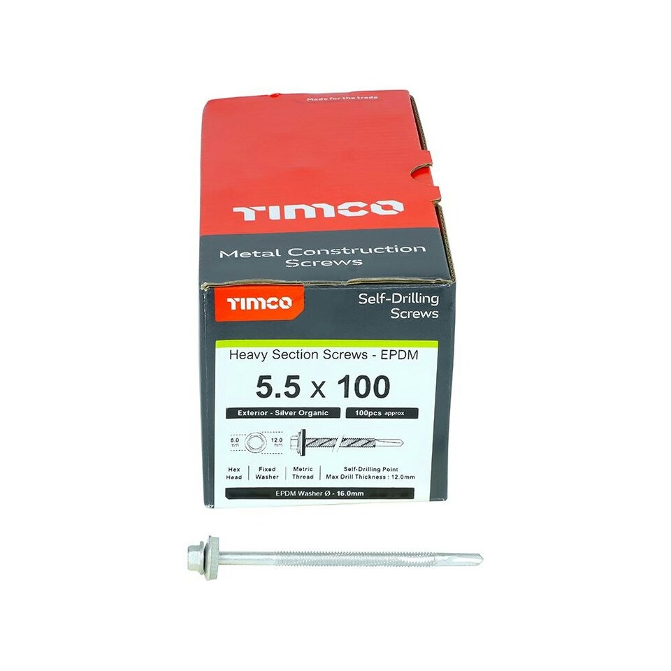 image 1 of Timco - Metal Construction Heavy Section Screws - Hex - EPDM Washer - Self-Drilling - Exterior - Silver Organic (Size 5.5 x 100 - 100 Pieces)