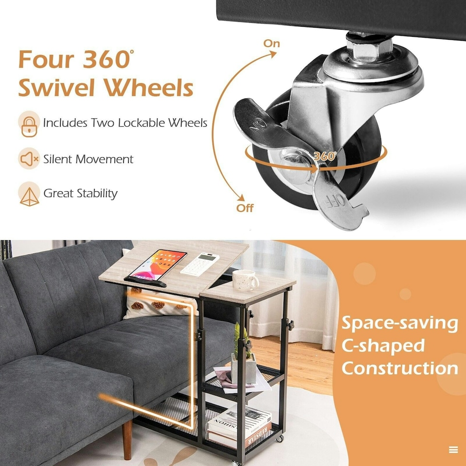 image 1 of COSTWAY Industrial Sofa Side Table Height Adjustable Rolling Natural Yellow