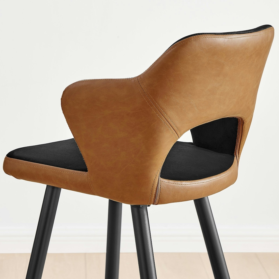image 1 of Furniturebox Kai 2x Black Velvet Tan Faux Leather Black Leg Bar Chair
