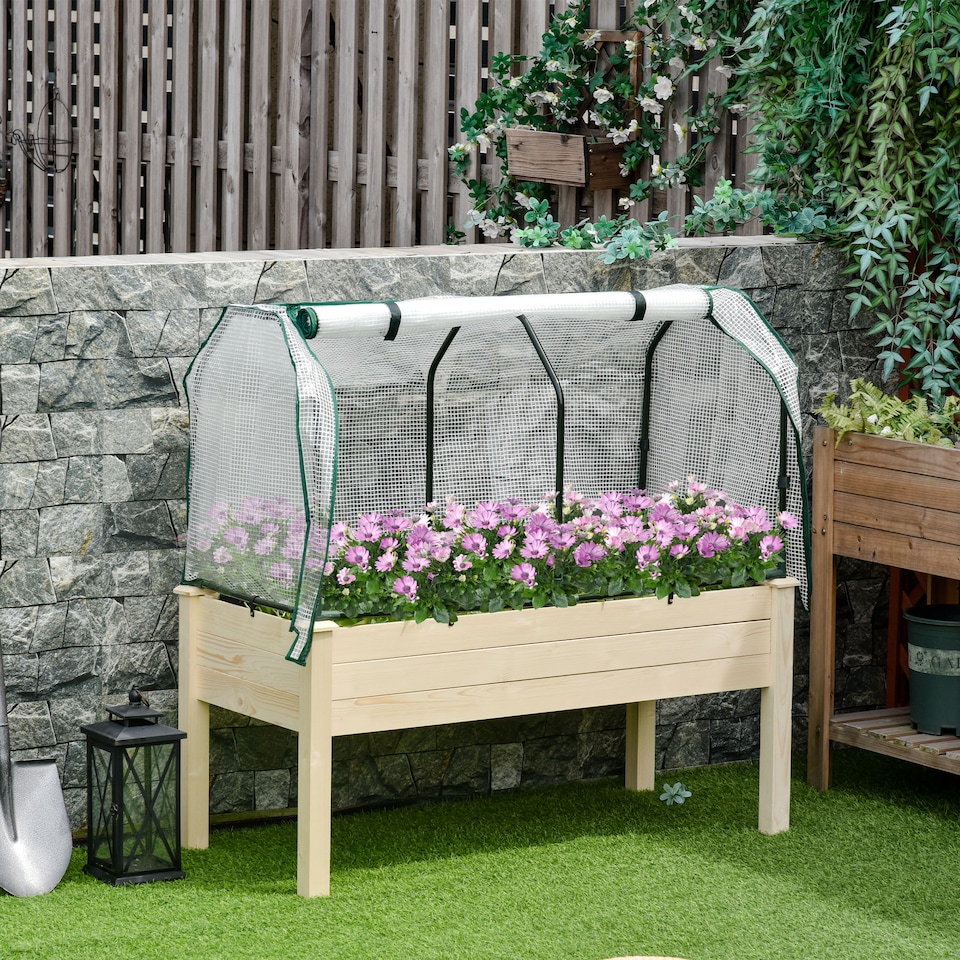 image 1 of Outsunny Raised Garden Bed with PE Cover Patio Elevated Wood Planter Box