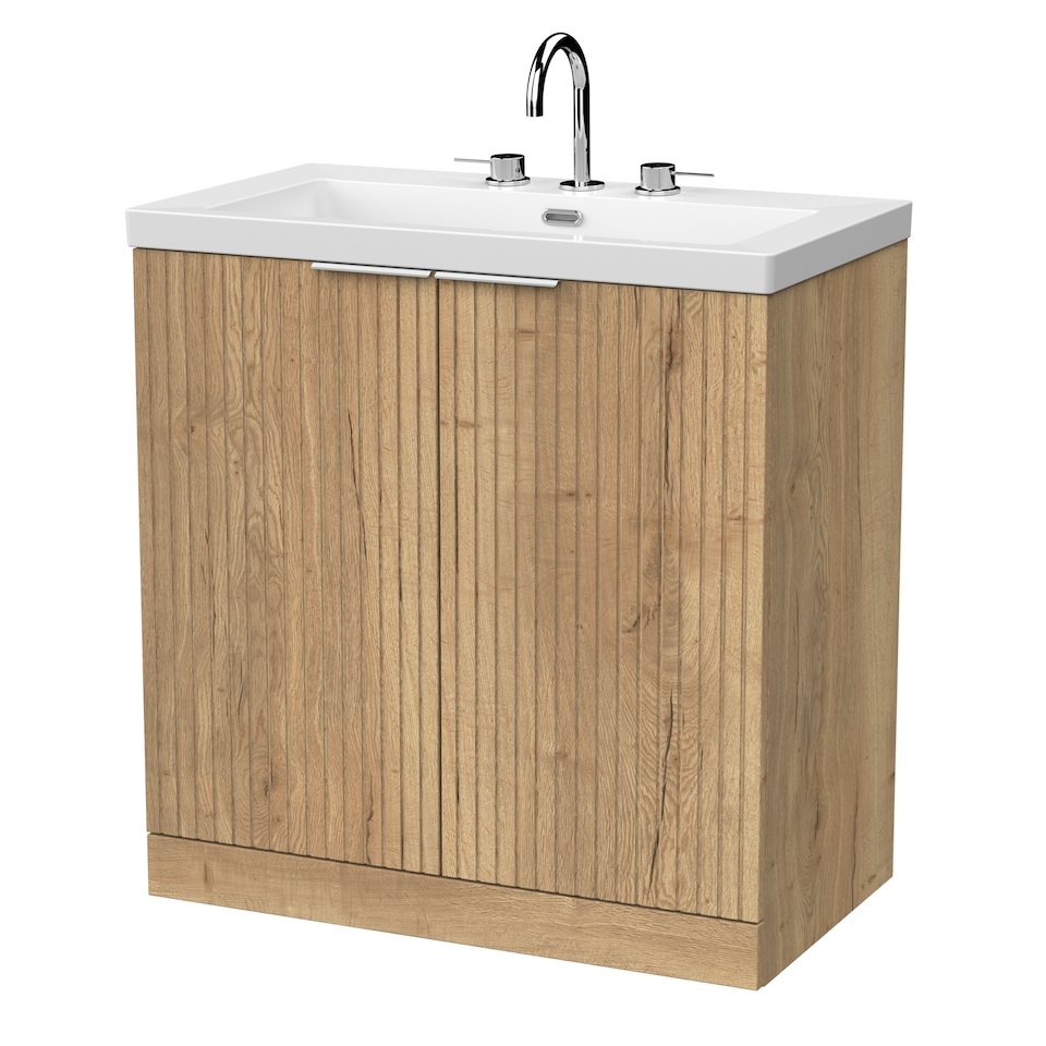 image 1 of Balterley Callingwood Contemporary Floor Standing 2 Door Vanity Unit with 3 Tap Hole Fireclay Basin , 800mm, Autumn Oak
