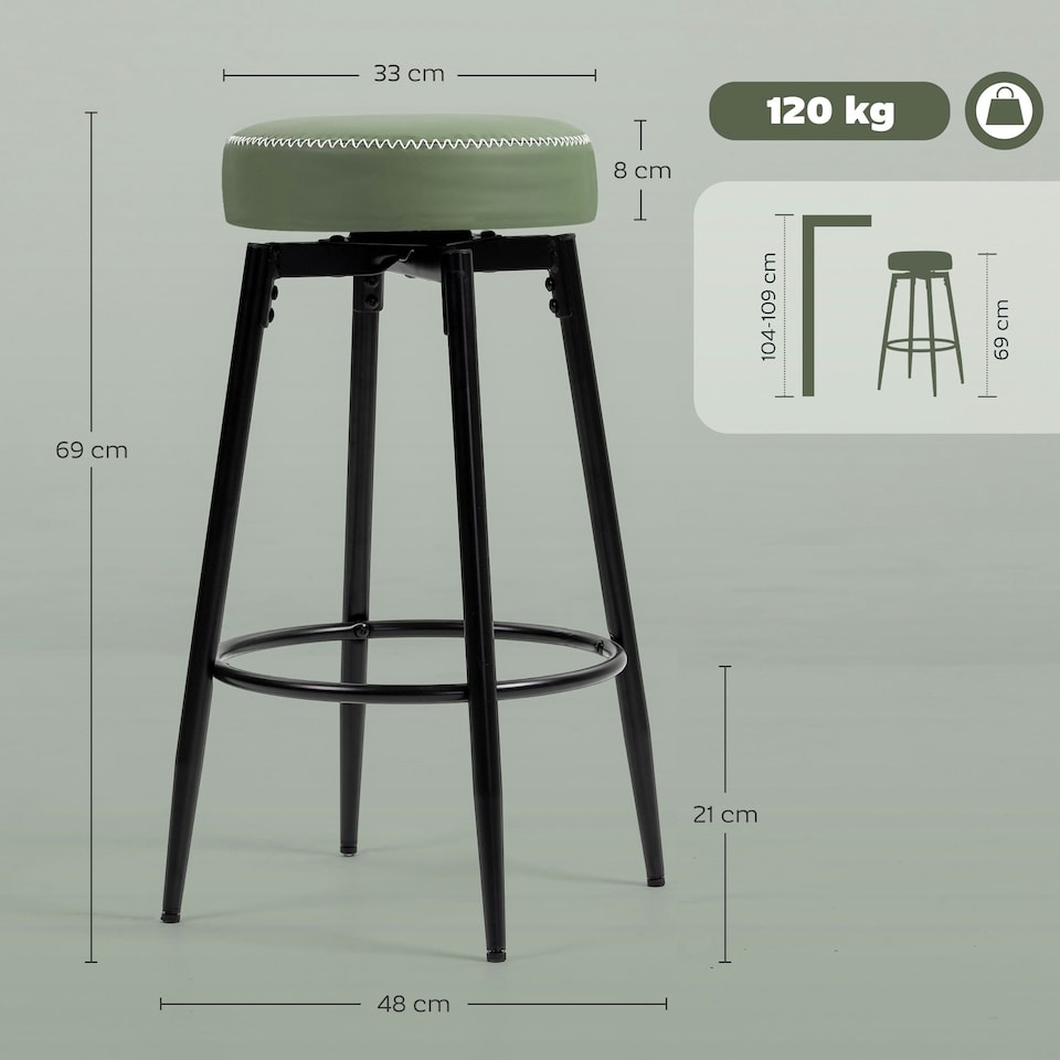 image 1 of HOMCOM Swivel Bar Stools Set of 2, PU Leather Barstools with Footrest Green