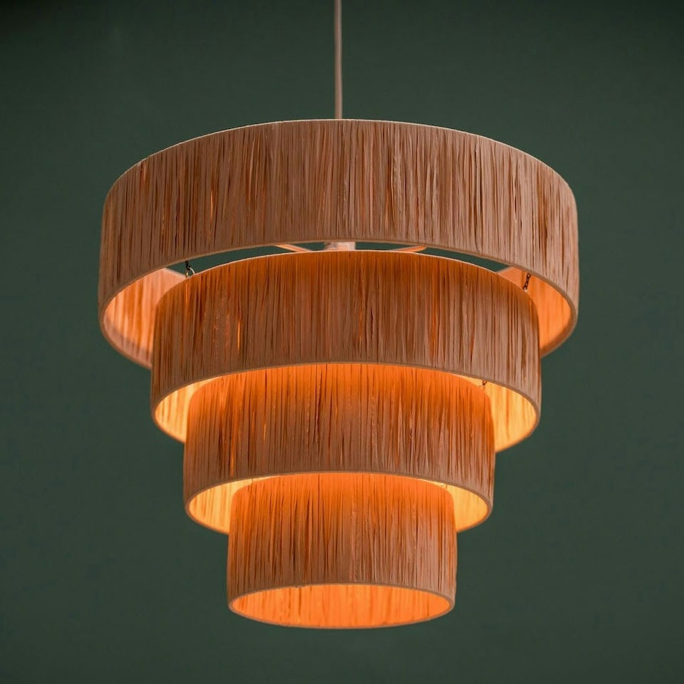 image 1 of ValueLights Easy Fit 4 Layer Natural Rattan Raffia Ceiling Pendant Light Shade + LED Bulb