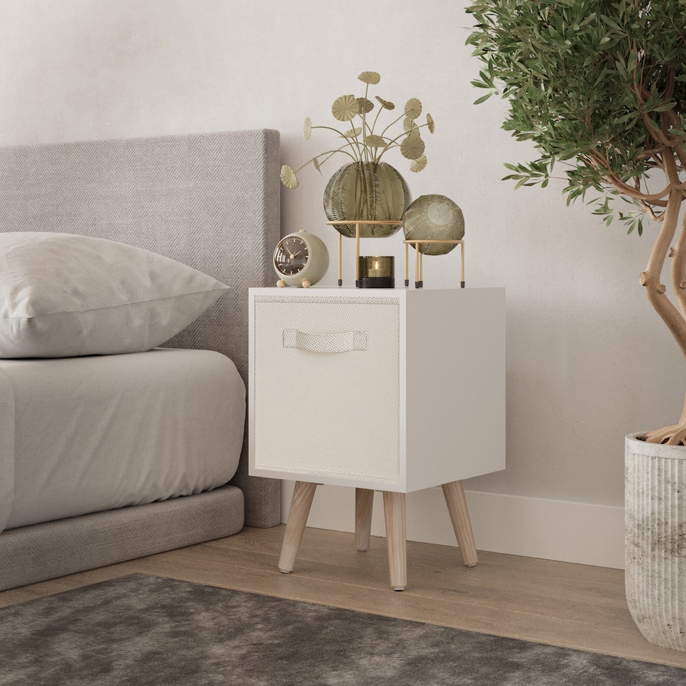 image 1 of White 1-Drawer Cube Shelving Unit with Scandinavian Legs | Cream | Cream & Pine | 1
