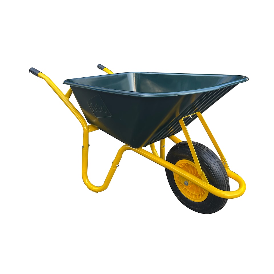 image 1 of Neo Garden Wheelbarrow Heavy Duty 110L 150kg Durable Plastic Green Tray Barrow Pneumatic Wheel Tyre Loads Equine Yard Gardening | Green | Green & Yellow