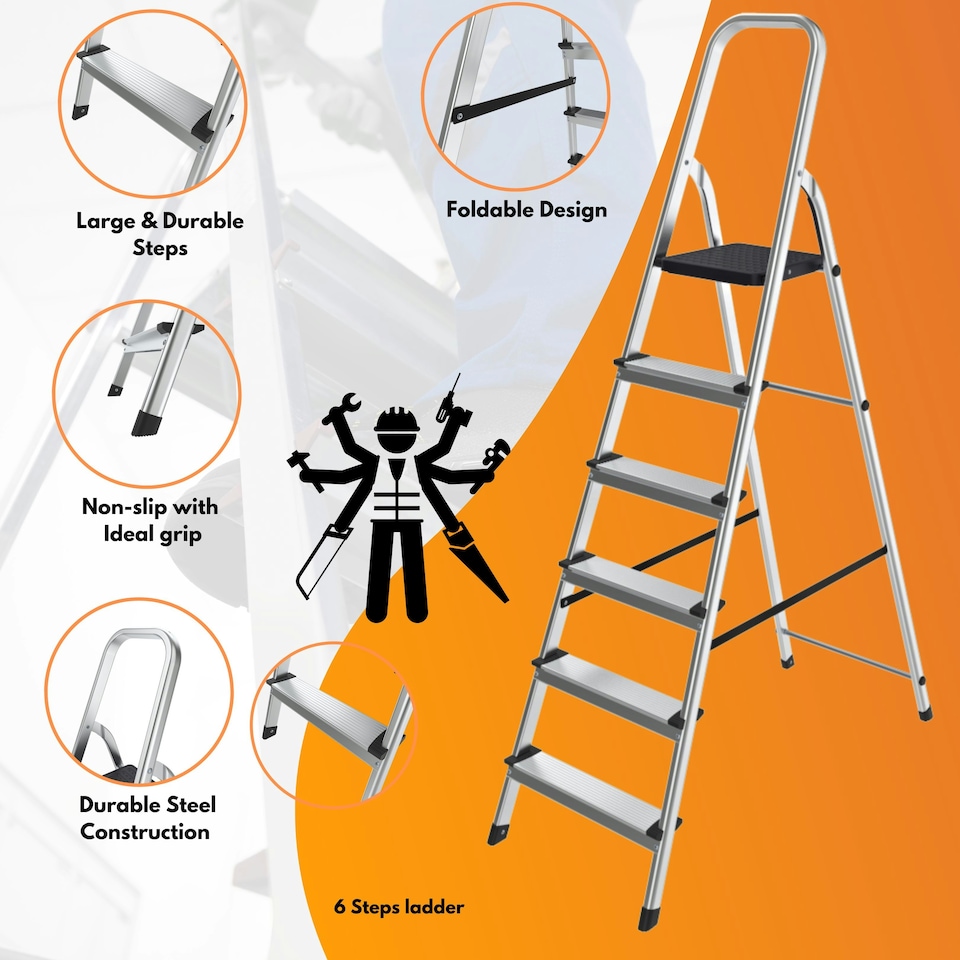 image 1 of Lightweight Step Ladders - Compact Aluminium Stepladder with Non-Slip Wide Step, Portable Silver Color - Tall Folding Ladder with Platform Silver | 6 - Step 181 cm