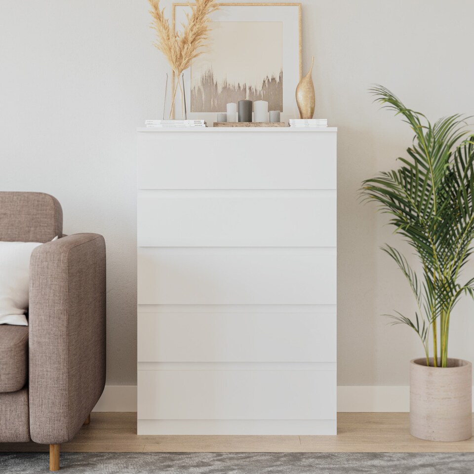 image 1 of Minimalist Chest of 5 Drawers 108.5x70x35 | White | White & White | 1