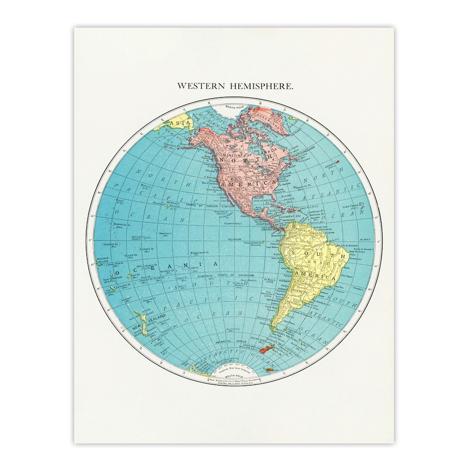 image 1 of Western Hemisphere 1908 Map Rand McNally Vintage Huge Wall Art Print 18X24 In
