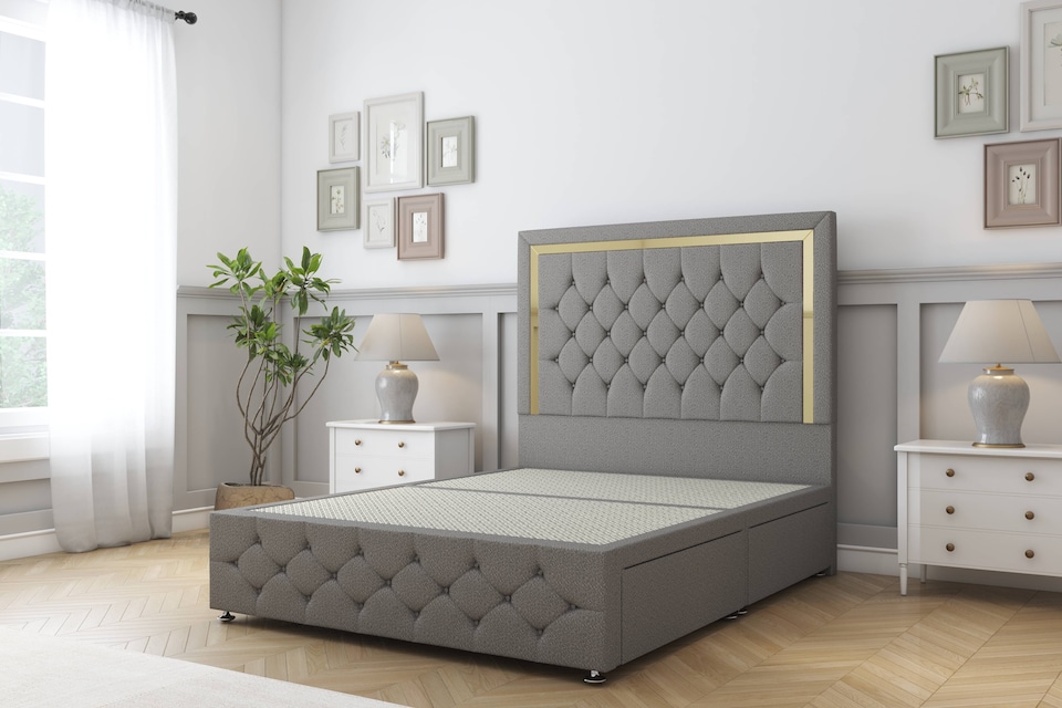 image 1 of Sloomy Sofia Gold Pewter Dumfries Divan Bed Base 2 Drawers Foot-End With 54 Inch Floor Standing Headboard & 12 Inch Matching Footboard | Grey | Pewter | King | 1