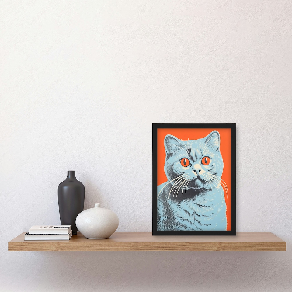 image 1 of Teal Coral British Blue Cat Screen Risograph Style Spot Block Black Framed Wall Art Print A4